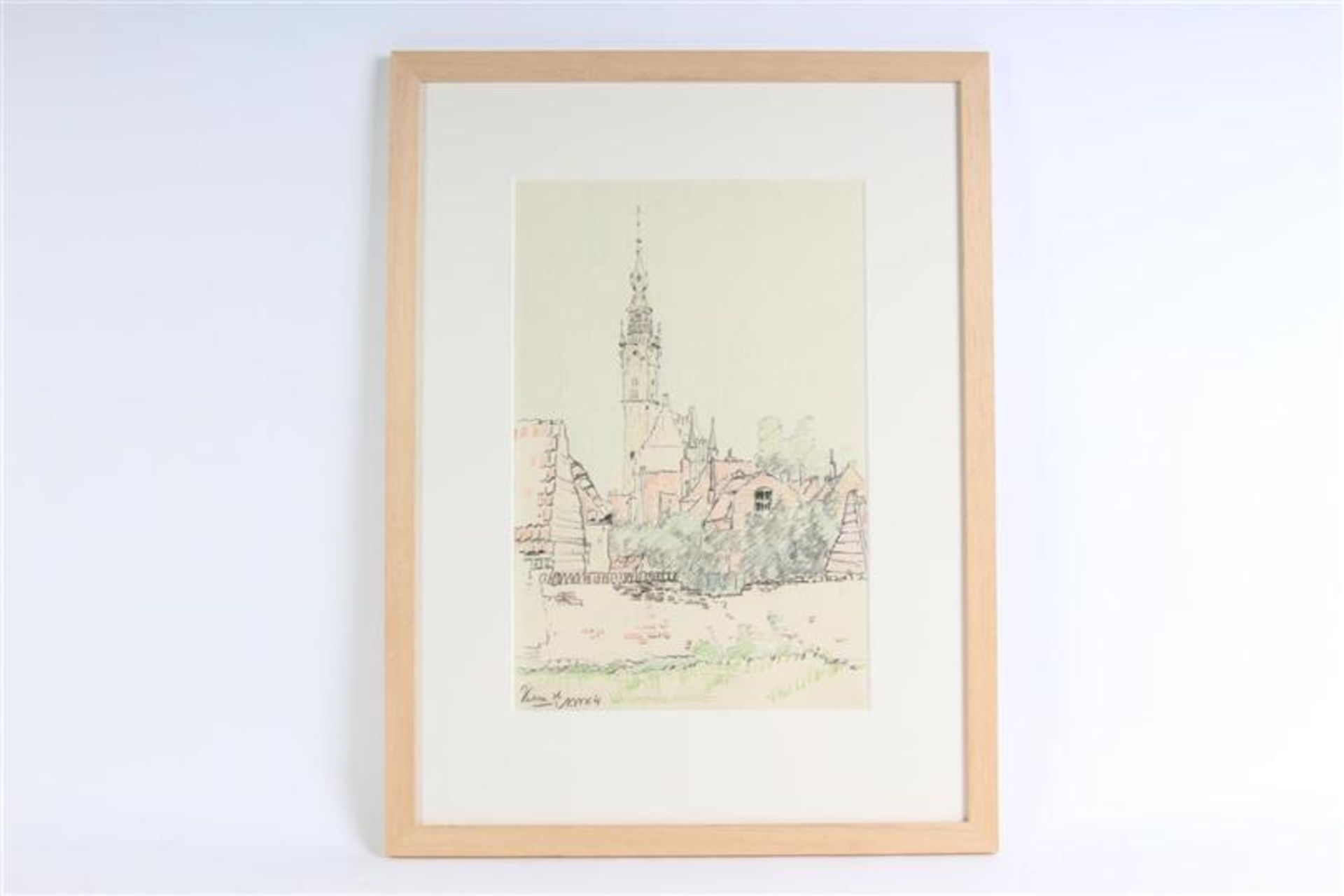 Tekening, 'Gezicht op de stadhuistoren van Veere'. HxB: 35 x 23 cm.