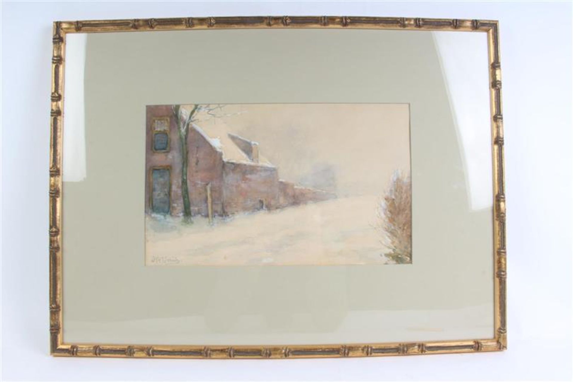 Aquarel, 'Straatje in de winter'. W.J. Schütz (1854-1933) HxB: 24.5 x 40.5 cm.