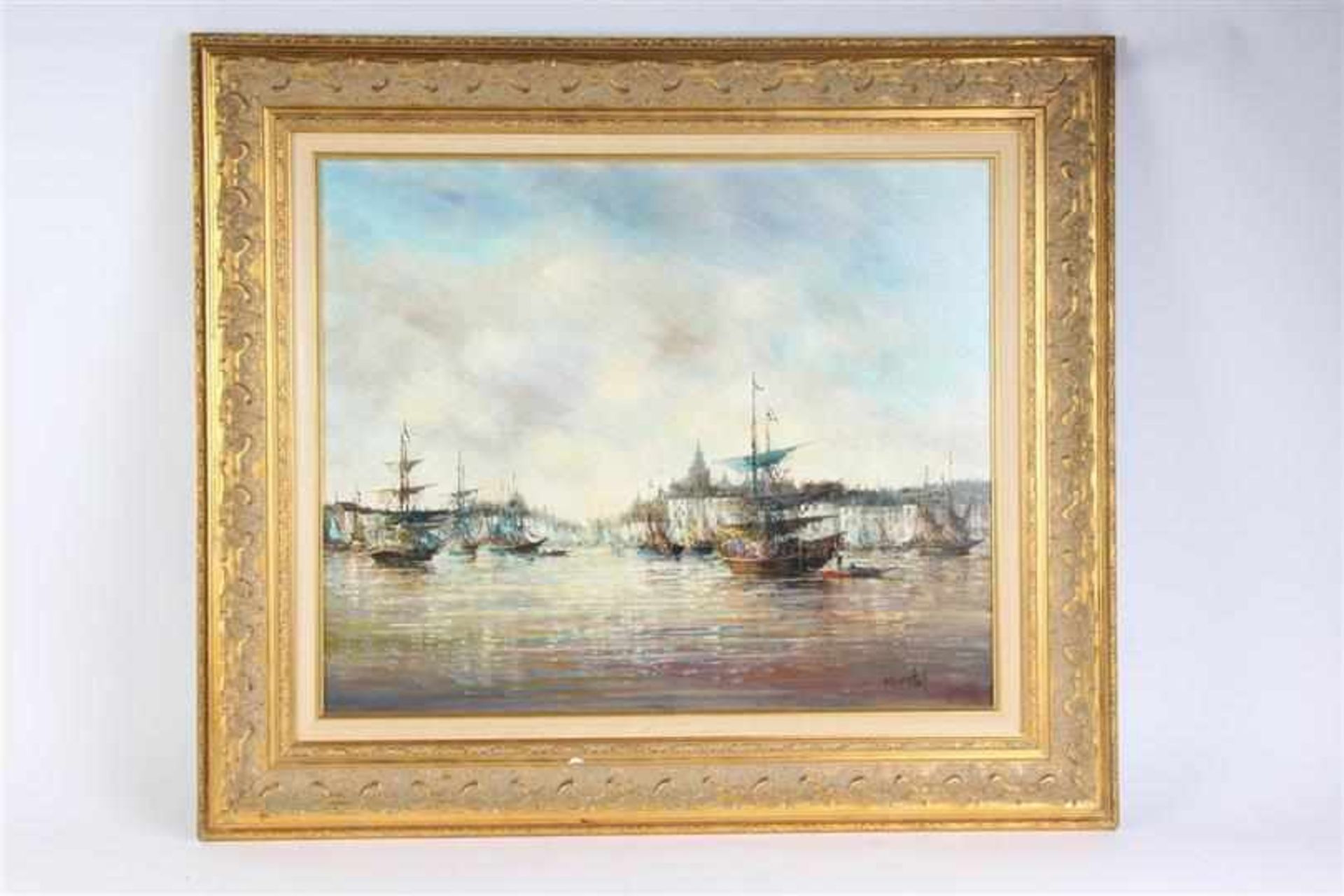 Schilderij op doek 'Schepen in de haven', r.o. gesigneerd R. Kordian. HxB: 50 x 60 cm.