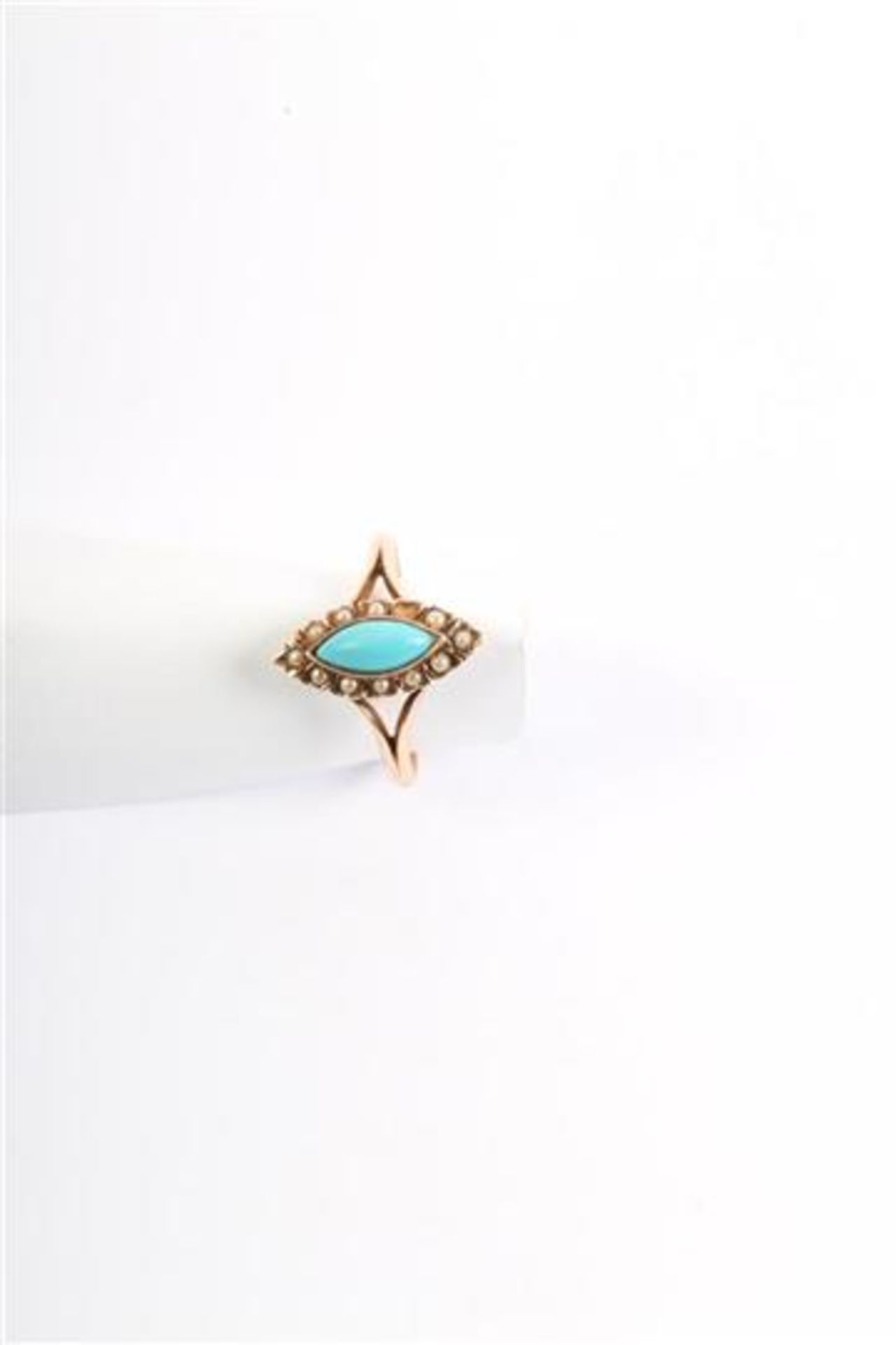 Gouden ring met turquoise en zaadparels, 1 manco, Hollands gekeurd. Gewicht: 1.7 g. Ringmaat: 16.5. - Bild 2 aus 2