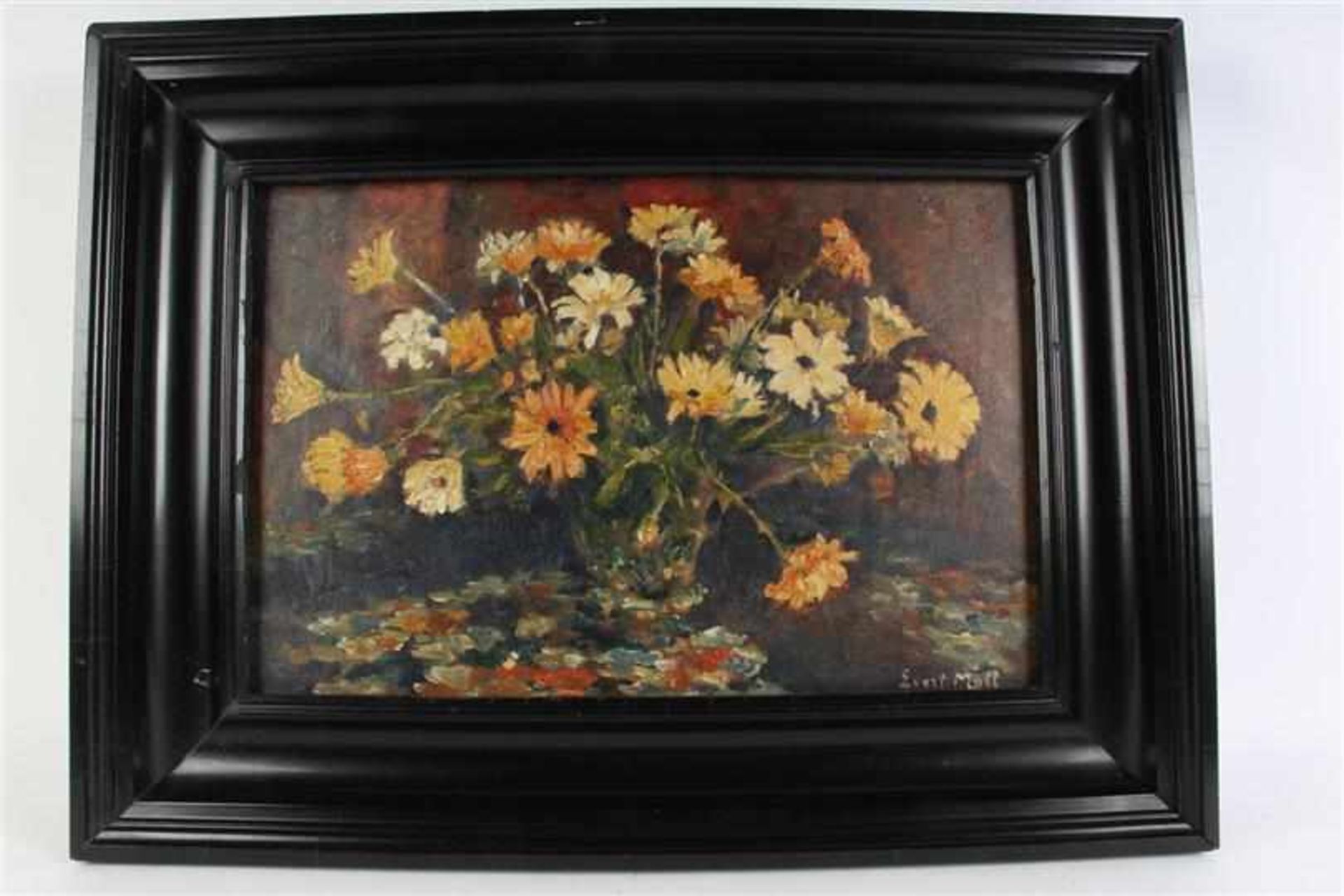 Schilderij olieverf op doek, 'Bloemstilleven'. Evert Moll (1878-1955) HxB: 40 x 60 cm.