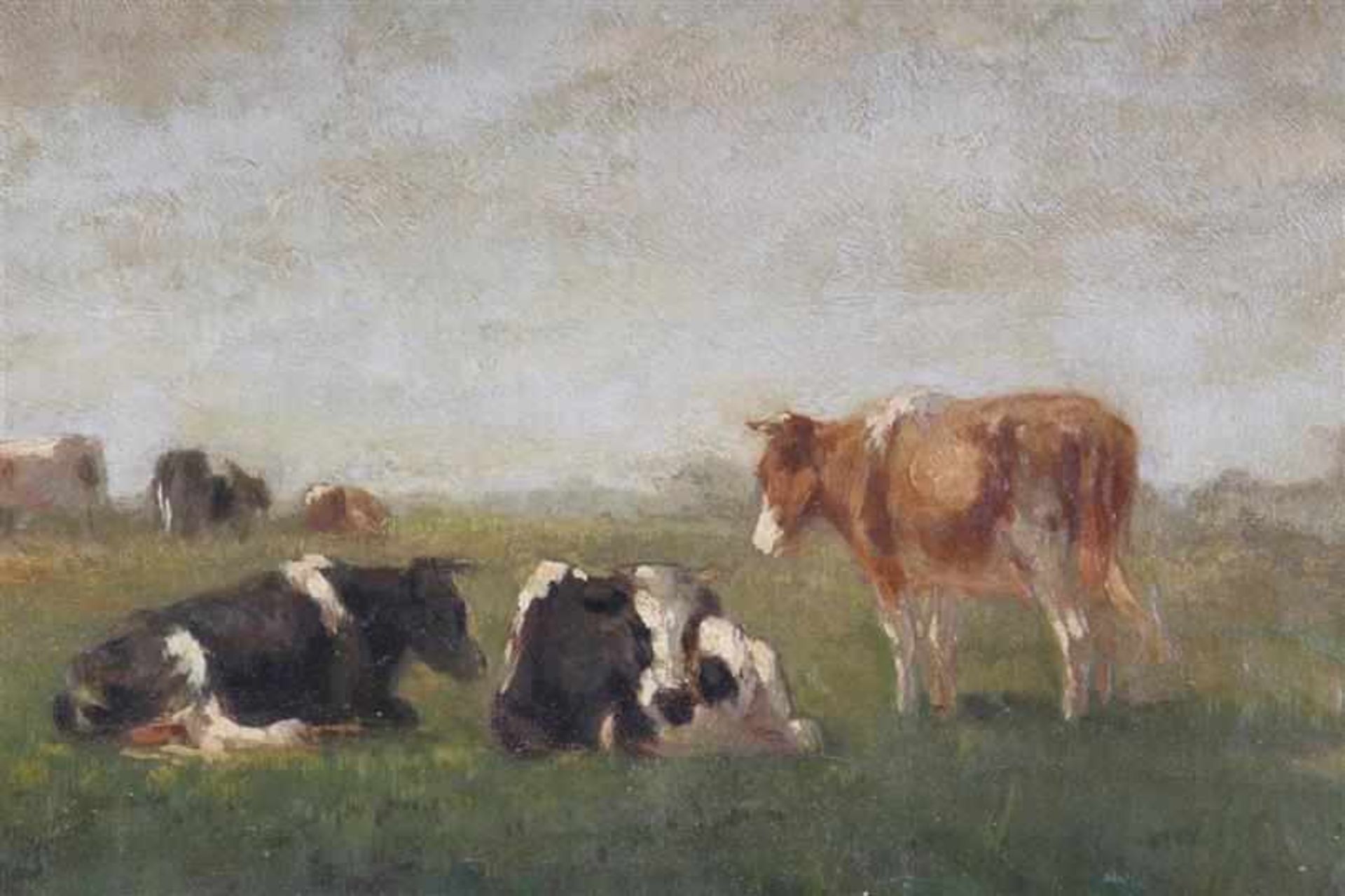 Schilderij op doek 'koeien in de wei', onduidelijk gesigneerd. HxB: 43.5 x 64 cm. - Bild 2 aus 7