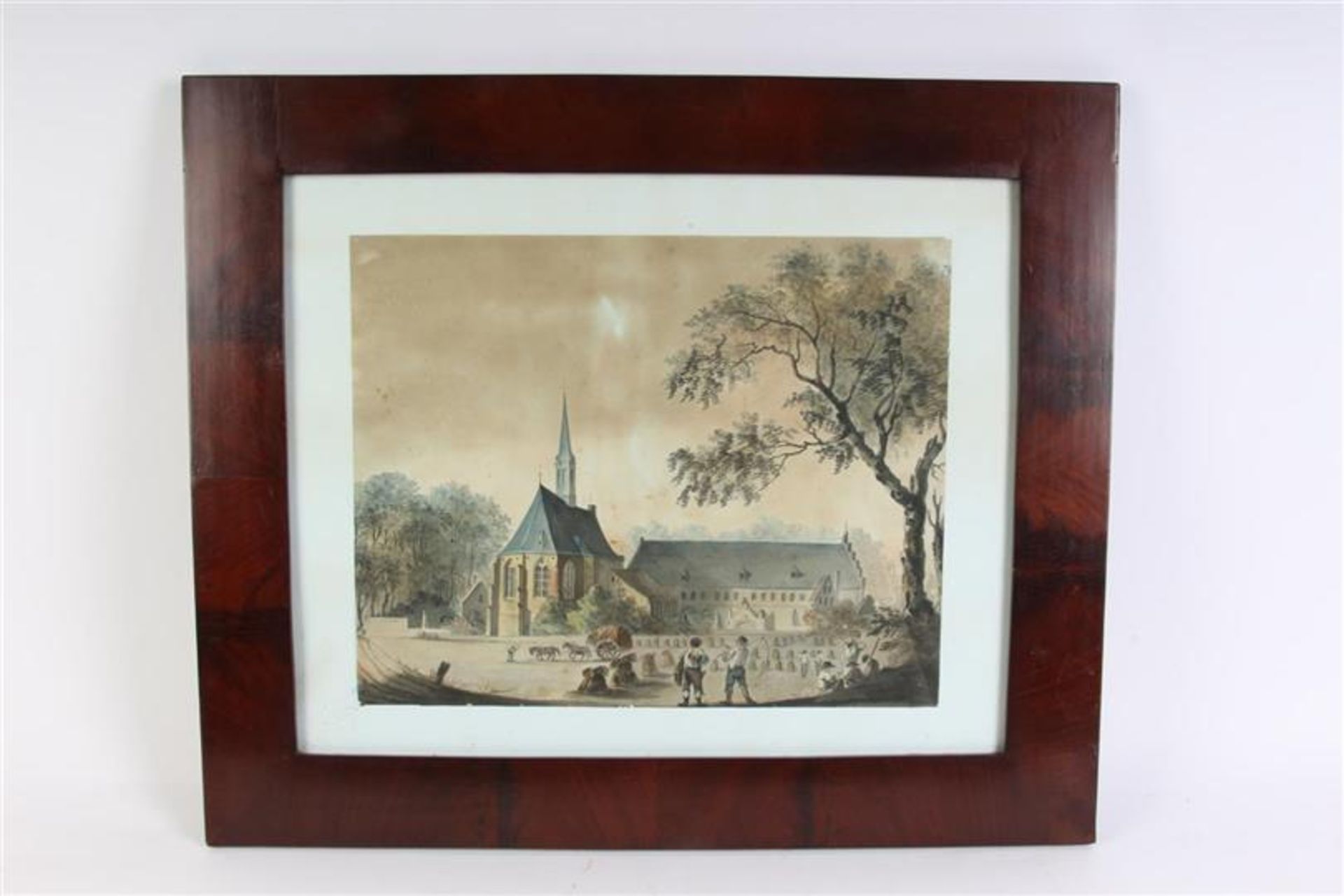 Aquarel, 'Gezicht op een kerk'. HxB: 34 x 43 cm.