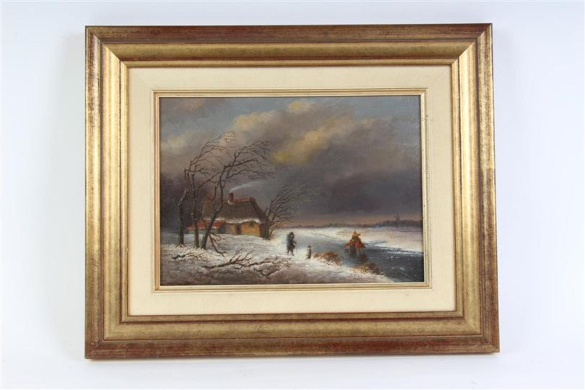 Schilderij, olieverf op paneel, 'IJsgezicht', gesigneerd J. P. Schalker. HxB: 20 x 27 cm.