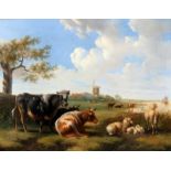 Albertus Verhoesen (1806-1881) Cows and sheep in a landscape with a mill in the distance. Signed