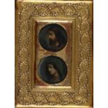 Europese School 19e eeuw Two round portraits of Christ and Mary. One one panel. Signed with