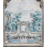 Europese School 19e eeuw Arcadian landscape with a garden fountain. Gewassen tekening 16,5 x 14,5