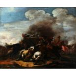 Navolger van Philips Wouwerman (1619-1668) A battle with cavalry. Unsigned. Unframed. Doek 50 x 62