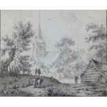 Omgeving van Jacob Cats (1741-1799) Travellers in a landscape by a church. Unsigned. Unframed. Inkt