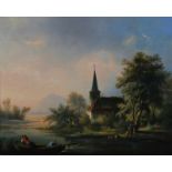 Jacobus H. J. Nooteboom (1811-1878) Fishing boat by a church. Signed lower right. Paneel 28,5 x 36,