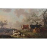Toegeschreven aan Louis Pierre Verwée (1807-1877) Cattle underneath a tree in a hilly landscape
