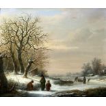 Hollandse School 19e eeuw Winter landscape with figures gathering wood. Unsigned. Verso multiple