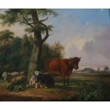 Hollandse School 19e eeuw Cows and sheep under a tree in landscape. Unsigned. Paneel 38,5 x 46,5