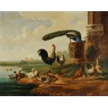 Albertus Verhoesen (1806-1881) A peacock, chickens and other poultry in front of a ruin by the