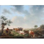 Hollandse School 18e eeuw Shepherd by a meadow with cows and other cattle. Signed with monogram JVL