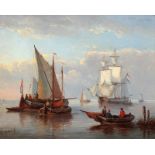 George Wilhelm Opdenhoff (1807-1873) Ships on calm water at sunset. Signed lower left. Paneel 18 x