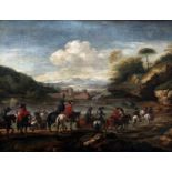 Navolger van Gaspard Dughet (1615-1675) Italianate landscape with figures riding towards a town.