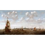 Hollandse School 17e eeuw A Dutch man-of-war and other vessels off a shore with a city in the