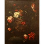 Hollandse School 17e eeuw Roses, tulips, a chrysanthemum and other flowers in a vase with classical