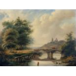 Hollandse School 19e eeuw Landscape with travellers on a bridge in front of a ruin. Unclearly