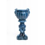 Jérôme Massier (1850-1926) A monumental blue glaze ceramic flowerpot on pedestal, Historism, last