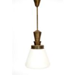 Nieuwe Zakelijkheid A hanging lamp, brass pendulum with stepped mount and a milky-white glass shade,