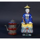 Chinese pewter with cloisonné tea pot + Porcelain man, marked, h. 16 and 27 cm (2x) 27.00 % buyer's