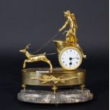 Gilt bronze table clock on marble base, early 19th century, Diana in her carriage, dial signed '