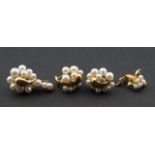 14 krt. gold set with pearls: earrings + Pin set with pearls and brilliant cut diamonds + smaller