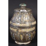 Glazed earthenware lidded pot with silver-plated rims, 19th/20th century, Morocco, h. 25 cm,