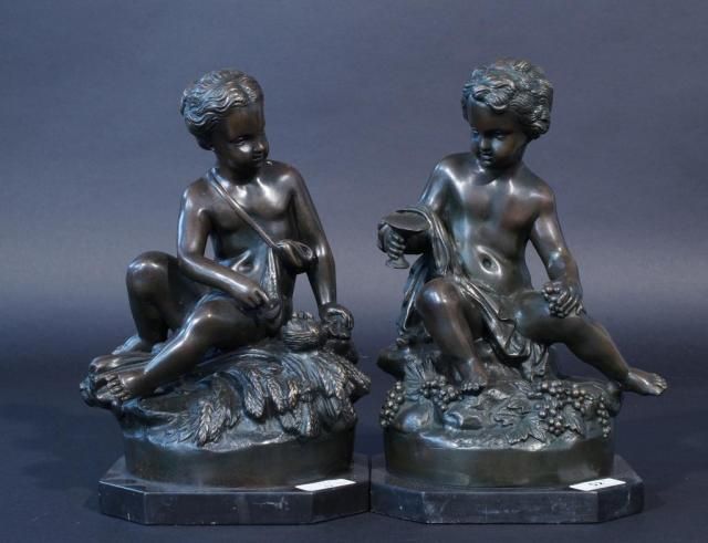 Two bronze sculptures on marble base, Allegory of Winter and Summer, 20th century, h. 24 cm. (2x)