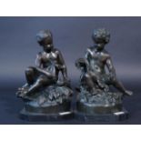 Two bronze sculptures on marble base, Allegory of Winter and Summer, 20th century, h. 24 cm. (2x)