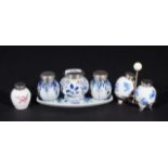 Earthenware cruet set and mustard pot with Dutch silver lid, second amount + Porcelain salt caster