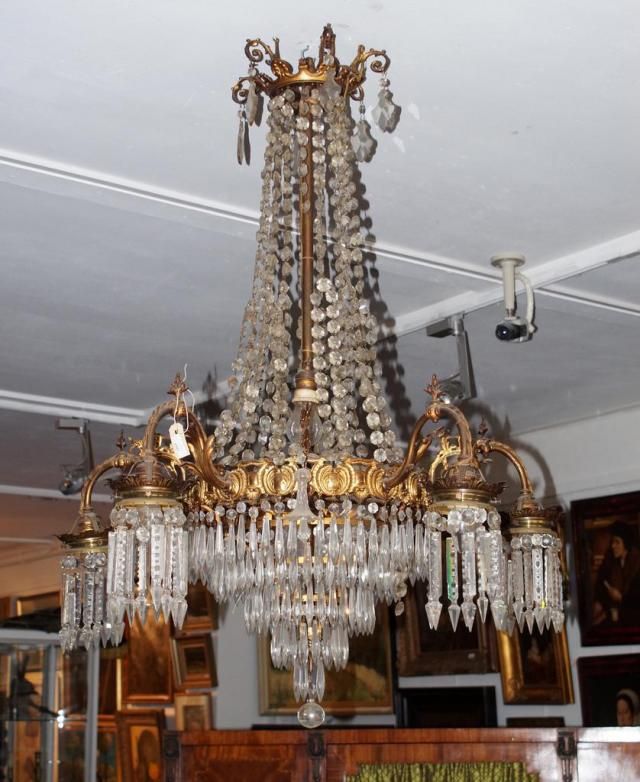 Crystal chandelier, gilt, six arms, 19th/20th century, l. 120 cm, some loose parts 27.00 % buyer's