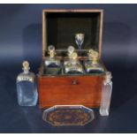 English small liqueur cabinet, 19th/20th century, one glass and one carafe are missing, some damage