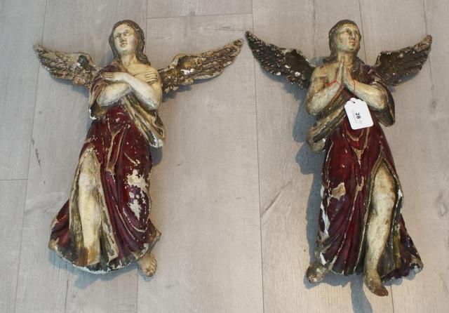 Pair polychrome wooden angels, 17th/18th century, feet are damaged, polychromy is missing in some