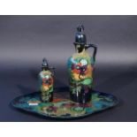 Gouda Holland tray with 2 carafes, early 20th century, h. carafes 17 and 30 cm (one carafe with