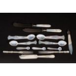 18 mother of pearl spoons, various sizes, some chips + 4 mother of pearl salt spoons + mother of
