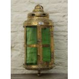 Yellow copper Hall lamp/lantern for a candle, 18th century, one glass pane is missing, l. 50 cm.