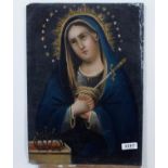 3 paintings on zinc, 19th century: Agnus Dei, dim. 24 x 17,5 cm + Madonna, dim. 35 x 25 cm + Saint,