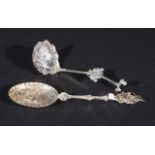 Silver cream spoon and Silver spoon, ZII hallmark, both with Old Dutch depictions, 800, appr. 44