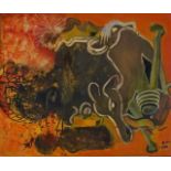 Abdul Fatah Masud (1949, Ghazani, Afghanistan), acrylic paint on canvas, Dancing animals, dim. 68 x