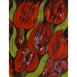 Abdul Fatah Masud (1949, Ghazani, Afghanistan), acrylic paint on canvas, Red tulips, signed on