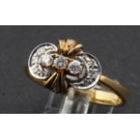 Antique bicolour ring, 14 krt, set with 9 brilliant cut diamonds, appr. 0.25 crt., ring size 17,