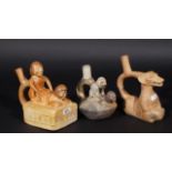 3 Peruvian terracotta vessels: 2 x erotic scene and one with a jaguar, l. 15, 16 and 21 cm (3x) 27.