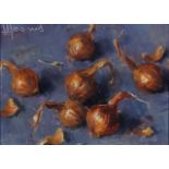 Oil on board, Onions, sig. t.l. 'Moons', 1977, dim. 13 x 18,5 cm. 27.00 % buyer's premium on the