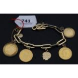 Yellow gold bracelet, 14 krt., with some coins a.o. tenner queen Wilhelmina 1897 and 1913, appr.