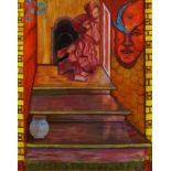 Abdul Fatah Masud (1949, Ghazani, Afghanistan), acrylic paint on canvas, Woman on stairs, unsigned,