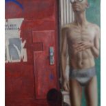 leslie Boonekamp, oil on canvas, Man in underpants, sig. b.r., dim. 100 x 90 cm. 27.00 % buyer's