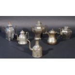 4 Chinese pewter teapots, dented and two are marked + Turkish teapot and Chinese jug, dented,